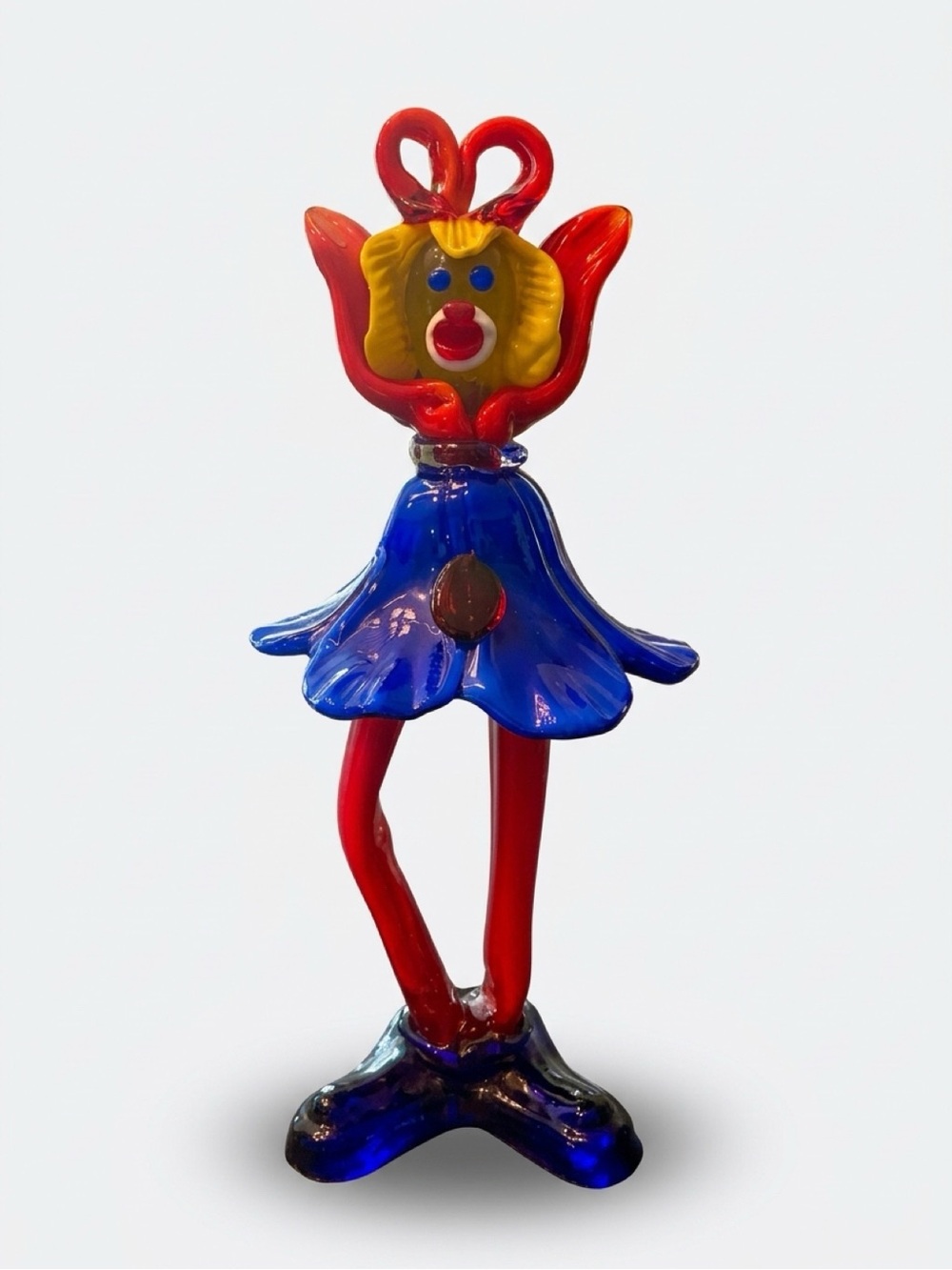 Colorful Clown Handblown Glass Figurine - Blue & Red Decorative Accent